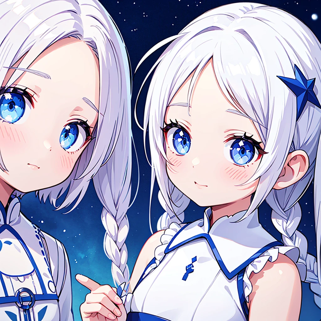 Best Quality, masutepiece,White hair, blue eyes,White clothes, Looking Up, Upper body,Strands of hair,Fair skin,side braids、Eye close-up、Ultra-detailed face and eyes、The bangs are held to the side with star-shaped hairpins, exposing the forehead.、
