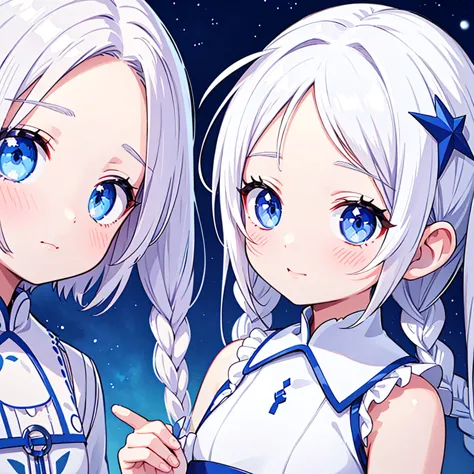 Best Quality, masutepiece,White hair, blue eyes,White clothes, Looking Up, Upper body,Strands of hair,Fair skin,side braids、Eye ...