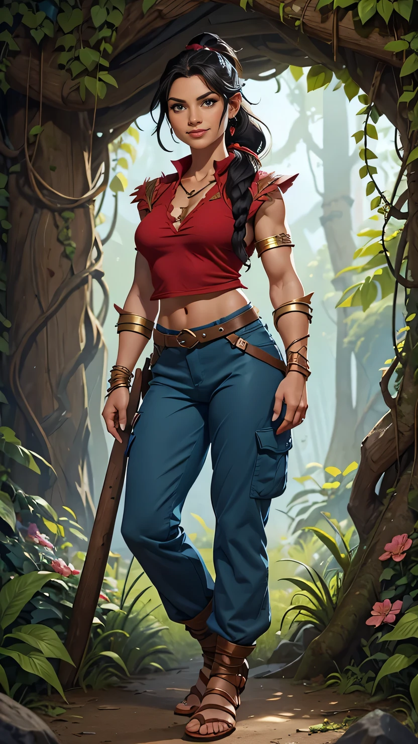 Barbarian Druid outfit, woodland armor, flowers and vines made into an outfit, Solo, female, slightly muscular, slightmuscle, big blue eyes, fantasy outfit, forest, pants, cropped jacket, modest clothingBlack hair, Black curly long hair in a ponytail, light blue eyes, tall and Toned woman, Barbarian woman, full body, aesthetic, beautiful woman,fantasy clothing, (masterpiece, best quality:1.2), solo, 1girl, smile, looking at viewer, ponytail, sandals, bare arms, no sleeves, red and blue outfit, cargo pants, red shirt, blue pants, gold accessories