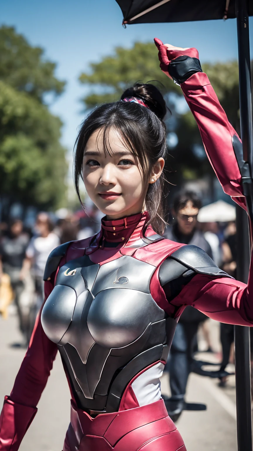 (best quality、8K、32k、masterpiece、Ultra HD:1.2、Perfect body beauty:1.5、Wearing a futuristic hero suit，With light pink and white luster:1.8、rain、street、Cute 25 year old Japanese woman、Full breasts:1.5、Ponytail、Upper Body、front、Simple background、Looking at the audience、Dynamic poses:1.2、and sunlight pours down、new world foundation:1.2