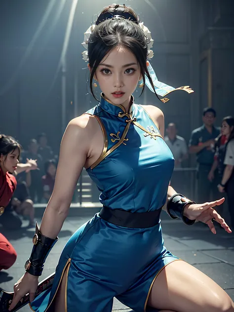 Create a hyper-realistic Chun-Li 性感 masterpiece, Muscle and sexiness, Part 6《Street Fighter》Iconic characters in gaming. Capture...