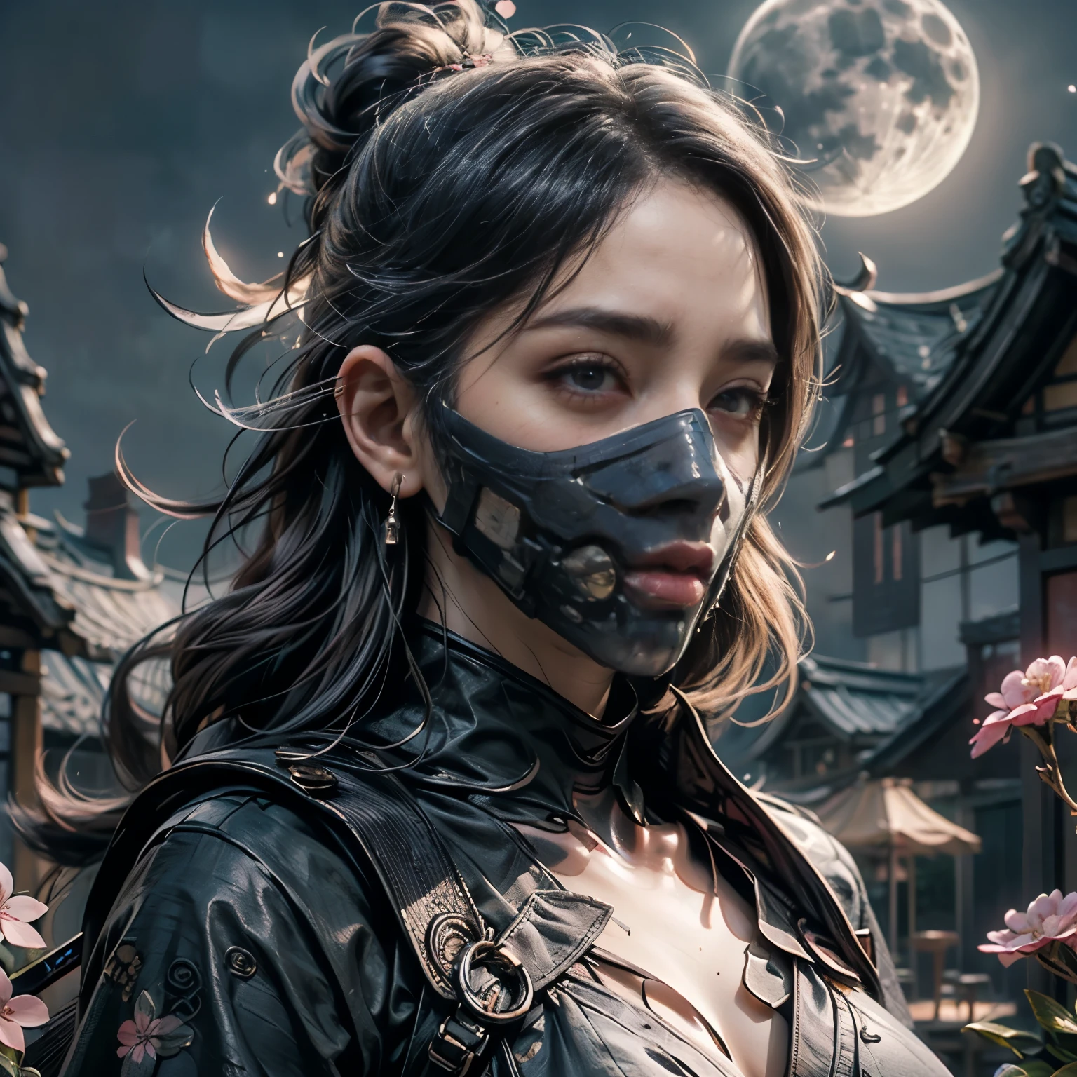 1. Description of the scene:
   - An assassin with a black goat-like mask and the appearance of a female samurai. (A girl with a face resembling a black goat mask, dressed as a samurai)
   - Detailed facial features: sharp and piercing eyes, distinct nose, and lips. (beautiful detailed eyes, beautiful detailed lips)
   - Additional details: long eyelashes, intense expression, strong and confident posture. (extremely detailed eyes and face, long eyelashes)

2. Material:
   - Illustration: A hand-drawn representation of the character.
   - Medium: High-resolution digital illustration.
   - Artistic style: Combining elements of dark fantasy and traditional Japanese art.

3. Scene details:
   - Background: A moonlit garden with cherry blossom trees in full bloom.
   - Lighting: Soft moonlight casting shadows and illuminating the character's facial features.
   - Atmosphere: Mysterious, enchanting, and filled with anticipation.

4. Image quality:
   - Best quality, high-resolution: (best quality, high-res)
   - Ultra-detailed: (ultra-detailed)
   - Photorealistic style: (realistic)
   - Vivid colors: (vivid colors)

5. Color palette:
   - Dominant colors: Shades of black, grey, and silver for the character's attire and mask.
   - Cherry blossom trees: Soft pinks and whites.
   - Moonlit sky: Deep blues and purples with a touch of silver.

6. Overall prompt: 
   A girl with a face resembling a black goat mask, dressed as a samurai, with beautiful detailed eyes and lips. She has extremely detailed eyes and face, with long eyelashes. She is depicted in a high-resolution digital illustration, combining elements of dark fantasy and traditional Japanese art. The scene is set in a moonlit garden with cherry blossom trees in full bloom. The lighting is soft moonlight, casting shadows and illuminating the character's facial features. The atmosphere is mysterious, enchanting, and filled with anticipation. The image is of the best quality, high-resolution, ultra-detailed, and in a 