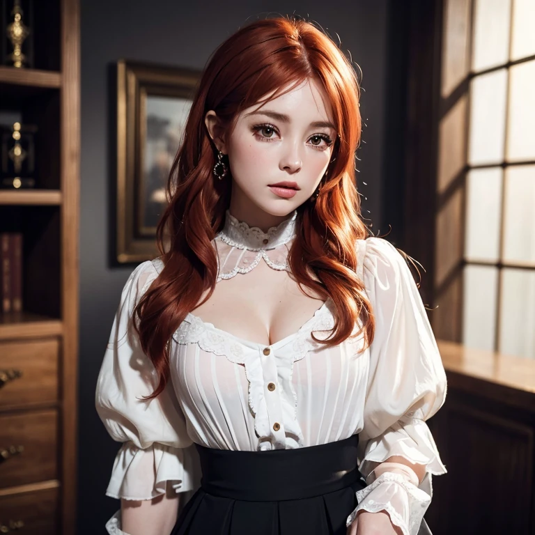 Dream atmosphere, ultra-detailed, young red-haired girl (medium red hair), very sensual, light eyes, bright pale skin, realistic shadows, in tight gothic clothes, big ass, thick legs, Wearing extremely tight black mini-skirt, pantyhose, wearing a mini blouse, textures realistic, very realistic, extremely sexy, 8K, 8K extremely detailed), (an extremely delicate and beautiful), (masterpiece), (best quality: 1.0), (ultra high resolution: 1.0) 