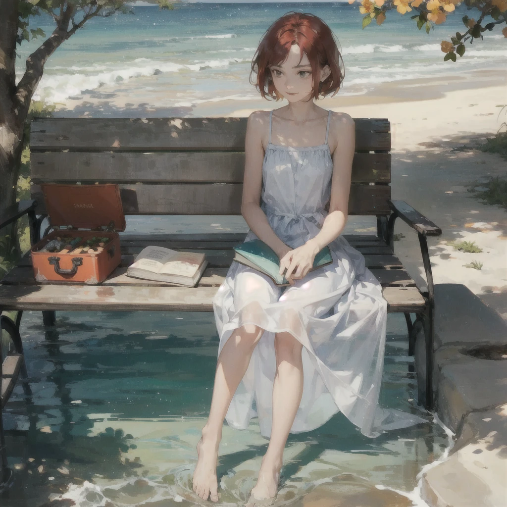 A gentle, slender, thin girl of 16 years old with an exquisite, perfect, very beautiful face of the southern type with large alien eyes with short red hair in a light summer green sundress, barefoot on the pier on a bench, reading a book under a flowering tree, there is a small old travel suitcase on the ground nearby, soft amber evening light, warm sun, gentle waves, mint and peach shades