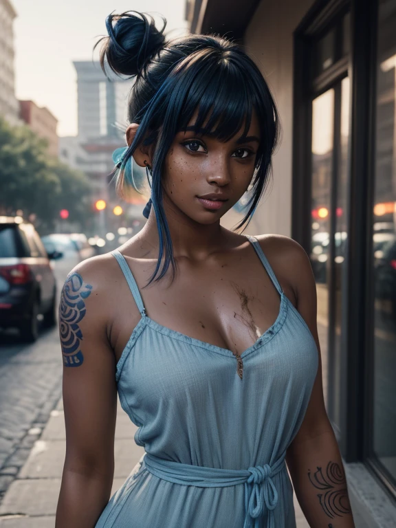 28 años de edad, Preciosa y linda chica india blanca ultra caliente,sexy seductora sonriendo , pecas, (piel medianamente oscura:1.5), (pelo de moño con flequillo azul desordenado:1.4), (Realista:1.4), una mujer con tatuajes en el hombro y un mini vestido corto gris transparente, de chica europea holandesa con tatuajes,  (Obra maestra:1.0), (mejor_calidad:1.0), resolución ultra alta,4k,ultra detallado, fotografía, 8k, HDR, alta resolución, absurdos:1.2, 400 para el puerto Kodak, fondo borroso, bokeh, destello de lente, (vibrante_color:1.2),fotografía profesional, (hermoso_rostro:1.5),(angosto_cintura). --a las 6