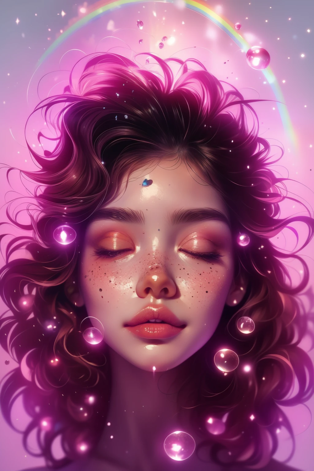 (This is a beautiful rainbow fantasy image that feels interesting and emphasizes glitter and iridescence.) Generate a ((blind)) curvy woman with colorful curly hair and milky white eyes. Her face is important and is perfectly formed with puffy lips and perfect features. (Her eyes are critically important and are (blank) and (solid white)). The image exudes ethereal beauty and soft fantasy. Include sweet and detailed birds and soft, luminous flowers in all the colors of the rainbow. The image's background is decorated in shades of pink, shimmer, glitter, and fantasy details like colored bubbles and cosmos. Utilize dynamic composition to create a compelling and action-packed image. Dramatic lighting and cinematic lighting enhance the woman's beauty and the soft colors in the artwork. (((((Perspective: head on.))))) Include fantasy, cute, colorful, colourful, interesting magic background, ((((blank eyes)))), ((((empty white eyes)))), (shirome eyes:1.3), (smirking), (perfectly rendered solid whiteeyes), ((birthmark on lip)), ((pretty lips)), beautiful background, complex background, sweet background, (((rainbow))), subtle freckles, natural freckles 