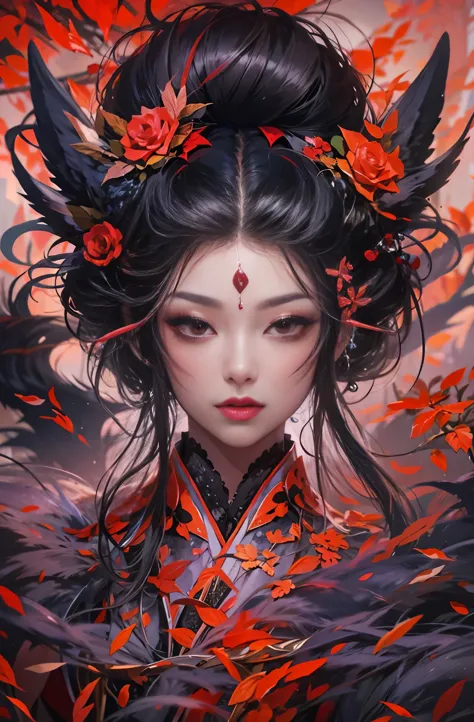 Red shades, A painting of a beautiful and seductive demon woman, Muromachi Fantasy, pretty much beautiful face, spirits&#39;stre...