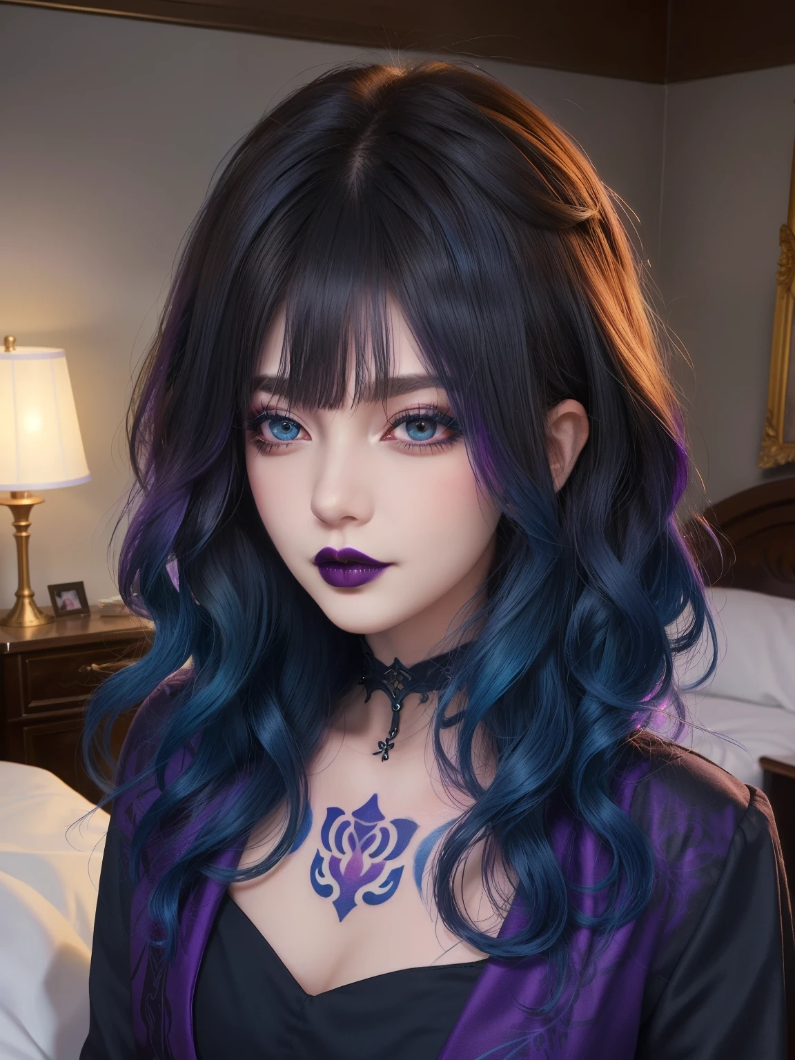 masterpiece, adult, gothic themed bedroom, woman with deep blue ombre hair, goth, purple lipsticks, tattoos, bangs, curly hair, eye shadow, smoky eyes, smokey eyes