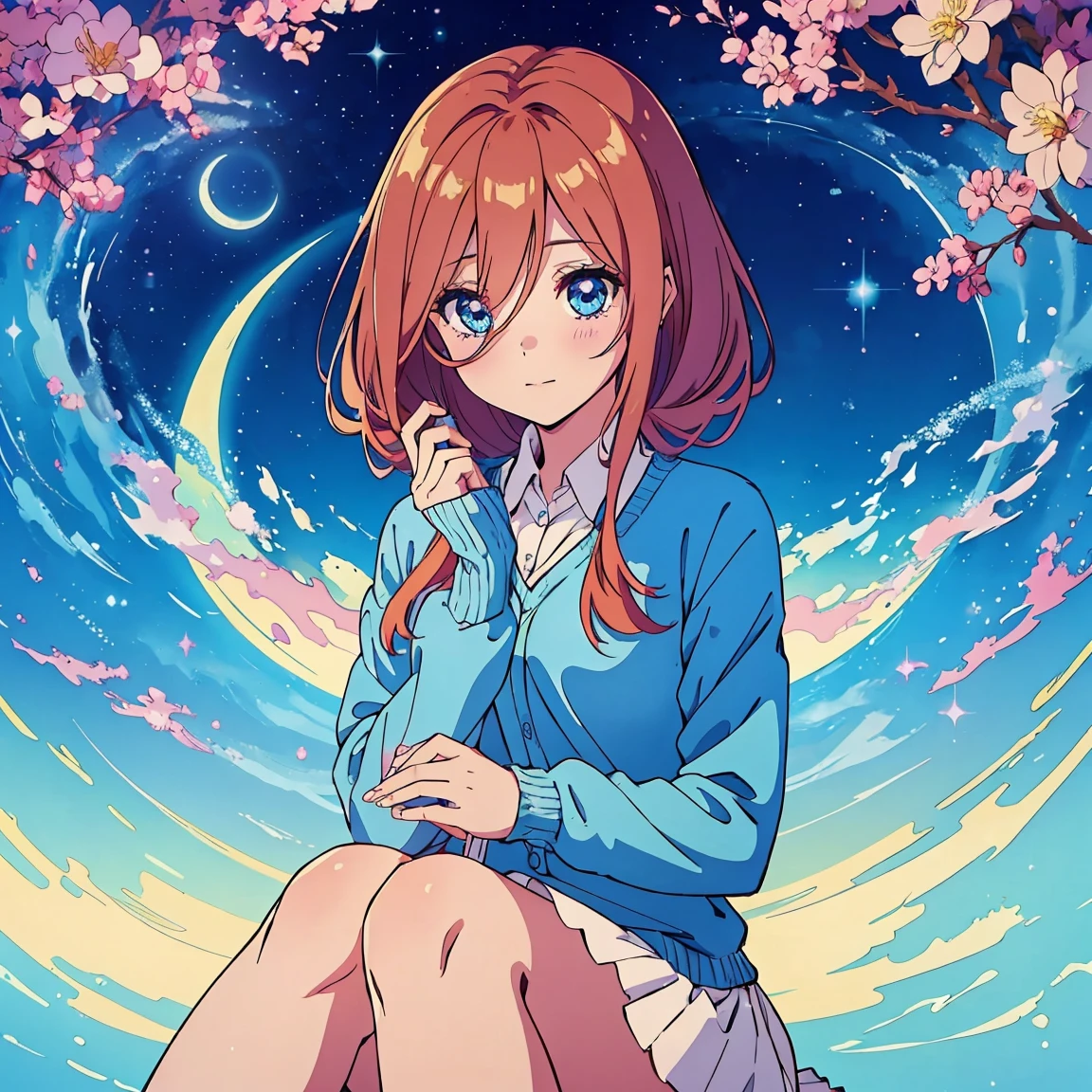 official art, unified 8k wallpaper, Super detailed, beautiful and Aesthetic, high quality, masterpiece, best quality, (tangled, mandala, tangled, twist: 0.6), 1 female,  Miku nakano, blue eyes,  fluffy brown red hair, nakano_miku, sparkling eyes, perfect face, soft smile, sweet face, lovely, light blue sweater cardigan, collared white shirt, green pleated skirt, flowing glowing hair, soft vivid colours, lovely, splendid, delicacy, 4k, watercolor illustration, disney art style, dreamy nebula, fairy core, pearly dim light, soft pastel colours, diffused dreamy light, pearly nebula, Heart, iridescent, crystal,  blue sky, pastels, dark starry sky, 

glowing aura around her, fantasia otherworldly landscape, octans, sky, star (sky), scenery, light blue sky, 1girl, solo, outdoors, cloud, milky way, sitting, pale moon, magical photography, ultra-detailed, 4k, Depth of field, High-resolution, outdoors, night, starry sky, starts made of iridescent tears, pastel aesthetic colors, sfw, masterpiece, 4k, ultradetailed, cowboy shot, sparkling eyes,  smile, happy, cute, looking at the sky, dim light, ​masterpiece、top-quality、Beautifully Aesthetic:1.2)、(a beauty girl:1.3)、vivid colours、colourful、Large ribbon、Wallpapers, night, dark, Soft Light, Deep Focus Bokeh, fantasy, galaxy, sparkling, splendid, colorful, magical photography, dramatic lighting, intricate details, (1 girl, solo, alone) crystal, fantasy, shimmering, sparkling, colorful, bright colours. fix her hands