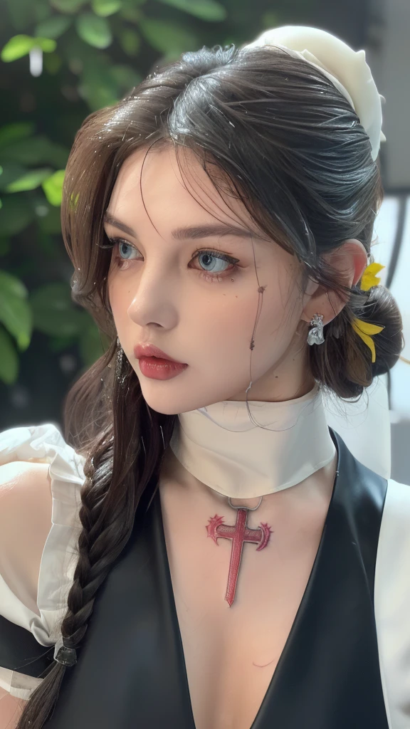 1 miniature Beautiful beautiful woman - Yuan Sayuki, ((top quality, 8K, Masterpiece:1.retty woman, 1 woman, huge breasts:1.3, a slim body:1.1, lush GINGER long hair with 2 buns, (shower, wet body, wet clothes:1.1), very detailed face, detailed lips, detailed eyes, double eyelids, Detailed blue eyes, чрезвычайно Detailed Outstanding Blue Eyes, long GINGER wet hair, GINGER wet hair, Detailed Outstanding Blue Eyes, innocent look at the viewer, very wet wavy white hair, Detailed Outstanding Blue Eyes, huge cross earrings, Outdoors, badges behind, gothic maid uniform,  sexy maid dress, bare chest, huge chest tattoo, detailed huge catholic cross earrings, chest tattoo, Outside, wear a silver cross (Detailed cross shape), reality mode, wet breasts, black necklace, human crowd behind, black latex gloves, hair of white snowy colour, night time, red neon lights, demonic nun, nimbus (golden lighting ring above her head), angel, snowy weather, sexy pose, white lingerie, black maid dress, detailed flower wreath made of different colours, open chest (tattoo on her chest)