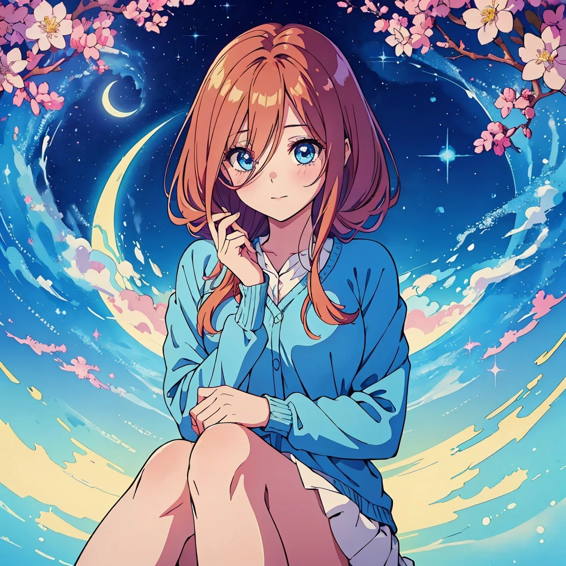 official art, unified 8k wallpaper, Super detailed, beautiful and Aesthetic, high quality, masterpiece, best quality, (tangled, mandala, tangled, twist: 0.6), 1 female,  Miku nakano, blue eyes,  fluffy brown red hair, nakano_miku, sparkling eyes, perfect face, soft smile, sweet face, lovely, light blue sweater cardigan, collared white shirt, green pleated skirt, flowing glowing hair, soft vivid colours, lovely, splendid, delicacy, 4k, watercolor illustration, disney art style, dreamy nebula, fairy core, pearly dim light, soft pastel colours, diffused dreamy light, pearly nebula, Heart, iridescent, crystal,  blue sky, pastels, dark starry sky, 

glowing aura around her, fantasia otherworldly landscape, octans, sky, star (sky), scenery, light blue sky, 1girl, solo, outdoors, cloud, milky way, sitting, pale moon, magical photography, ultra-detailed, 4k, Depth of field, High-resolution, outdoors, night, starry sky, starts made of iridescent tears, pastel aesthetic colors, sfw, masterpiece, 4k, ultradetailed, cowboy shot, sparkling eyes,  smile, happy, cute, looking at the sky, dim light, ​masterpiece、top-quality、Beautifully Aesthetic:1.2)、(a beauty girl:1.3)、vivid colours、colourful、Large ribbon、Wallpapers, night, dark, Soft Light, Deep Focus Bokeh, fantasy, galaxy, sparkling, splendid, colorful, magical photography, dramatic lighting, intricate details, (1 girl, solo, alone) crystal, fantasy, shimmering, sparkling, colorful, bright colours. fix her hands