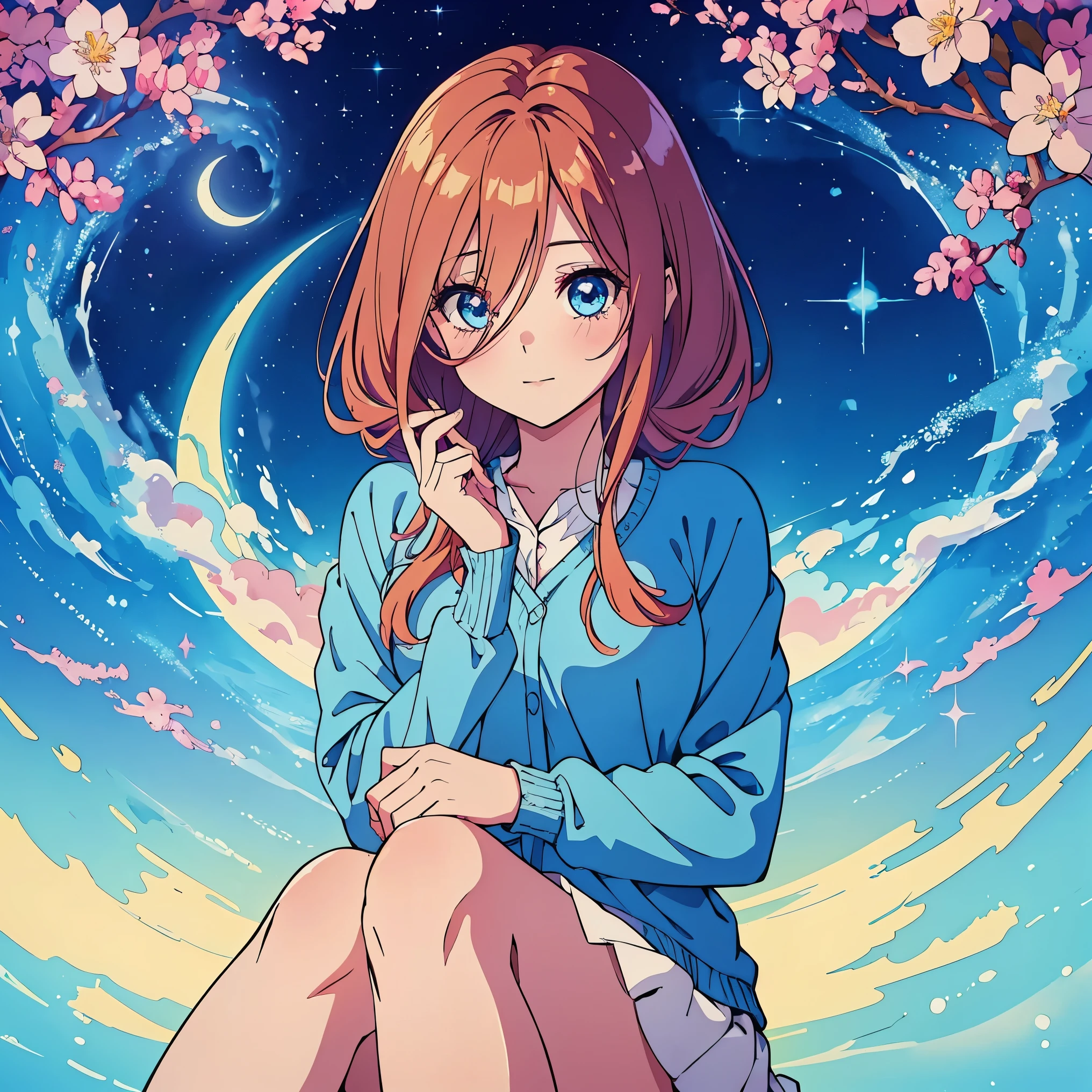 official art, unified 8k wallpaper, Super detailed, beautiful and Aesthetic, high quality, masterpiece, best quality, (tangled, mandala, tangled, twist: 0.6), 1 female,  Miku nakano, blue eyes,  fluffy brown red hair, nakano_miku, sparkling eyes, perfect face, soft smile, sweet face, lovely, light blue sweater cardigan, collared white shirt, green pleated skirt, flowing glowing hair, soft vivid colours, lovely, splendid, delicacy, 4k, watercolor illustration, disney art style, dreamy nebula, fairy core, pearly dim light, soft pastel colours, diffused dreamy light, pearly nebula, Heart, iridescent, crystal,  blue sky, pastels, dark starry sky, 

glowing aura around her, fantasia otherworldly landscape, octans, sky, star (sky), scenery, light blue sky, 1girl, solo, outdoors, cloud, milky way, sitting, pale moon, magical photography, ultra-detailed, 4k, Depth of field, High-resolution, outdoors, night, starry sky, starts made of iridescent tears, pastel aesthetic colors, sfw, masterpiece, 4k, ultradetailed, cowboy shot, sparkling eyes,  smile, happy, cute, looking at the sky, dim light, ​masterpiece、top-quality、Beautifully Aesthetic:1.2)、(a beauty girl:1.3)、vivid colours、colourful、Large ribbon、Wallpapers, night, dark, Soft Light, Deep Focus Bokeh, fantasy, galaxy, sparkling, splendid, colorful, magical photography, dramatic lighting, intricate details, (1 girl, solo, alone) crystal, fantasy, shimmering, sparkling, colorful, bright colours. fix her hands