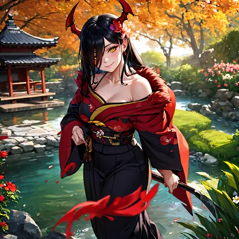 a woman wearing a black yukata with red details, with a red fur cape on her shoulders, red horns, yellow eyes, long black hair, ...