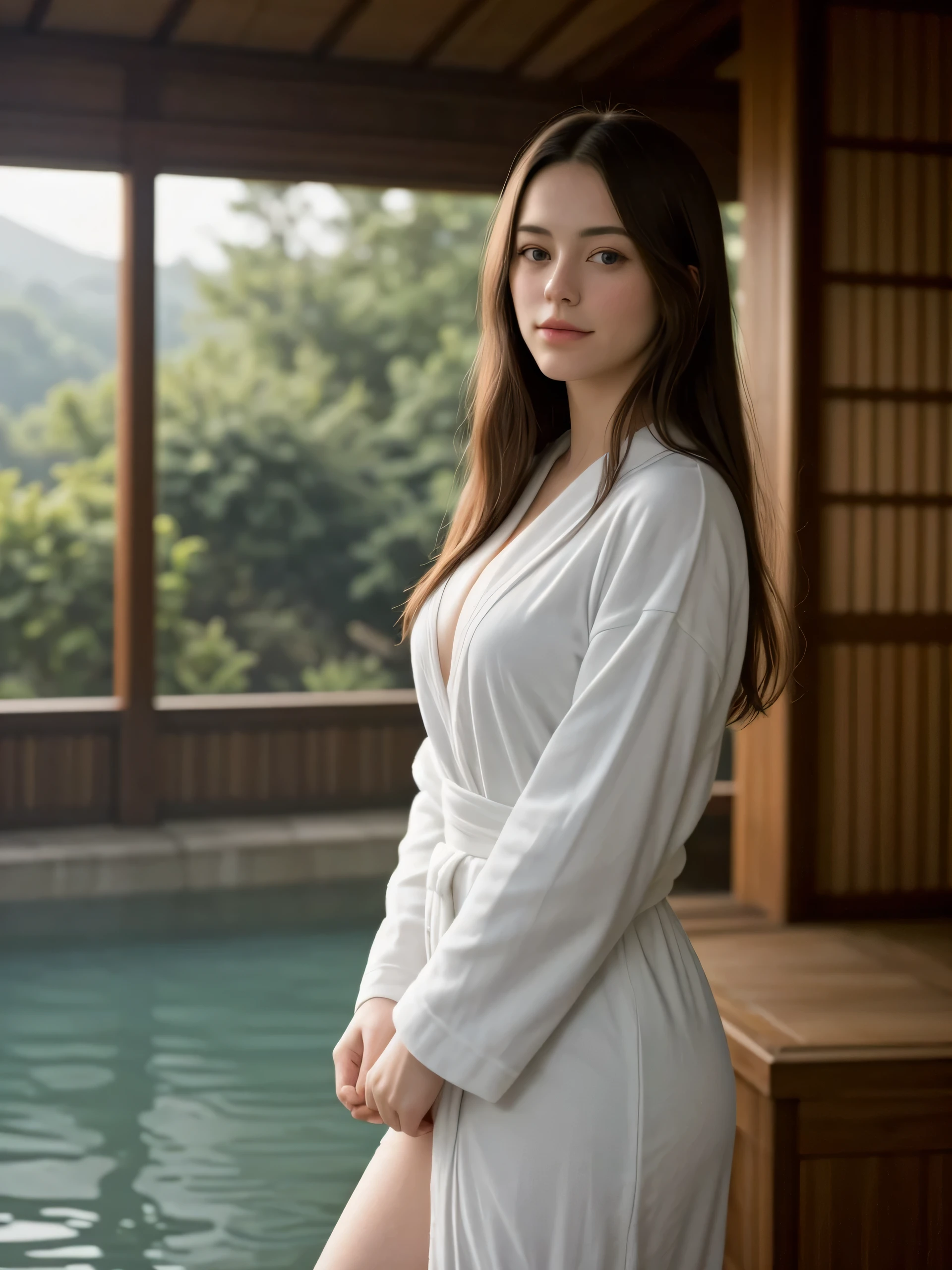 (Best quality, photorealistic, reality, realistic detail), random angle shot, sharp focus, A beautiful young girl who looking alike Kaya Scodelario, wearing bathrobe, delicate face, light smile, (at onsen), standing, inside of resort, steam, nature theme decorate, vivid color grading.