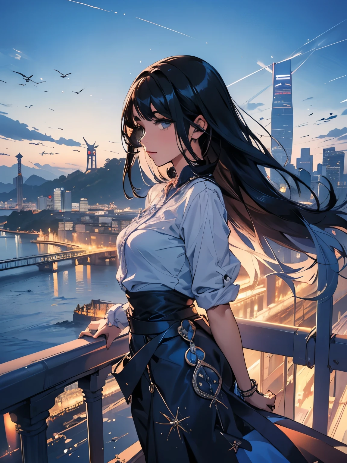 1 girl,bangss,blackw_body hair,cerulean_sky,bridge,building,castle,citys,citysscape,nube,giorno,don,gazing_phi_viewer,plein-air,rot_ties,rot_cinta,cinta,Riu,小柄_body hair,小柄_sleeveless,sky,skyscraper,standing alone,standing,citys,wphier, fully body, (work of art,アニメ,nyaest,nya,Outstanding:1.2),