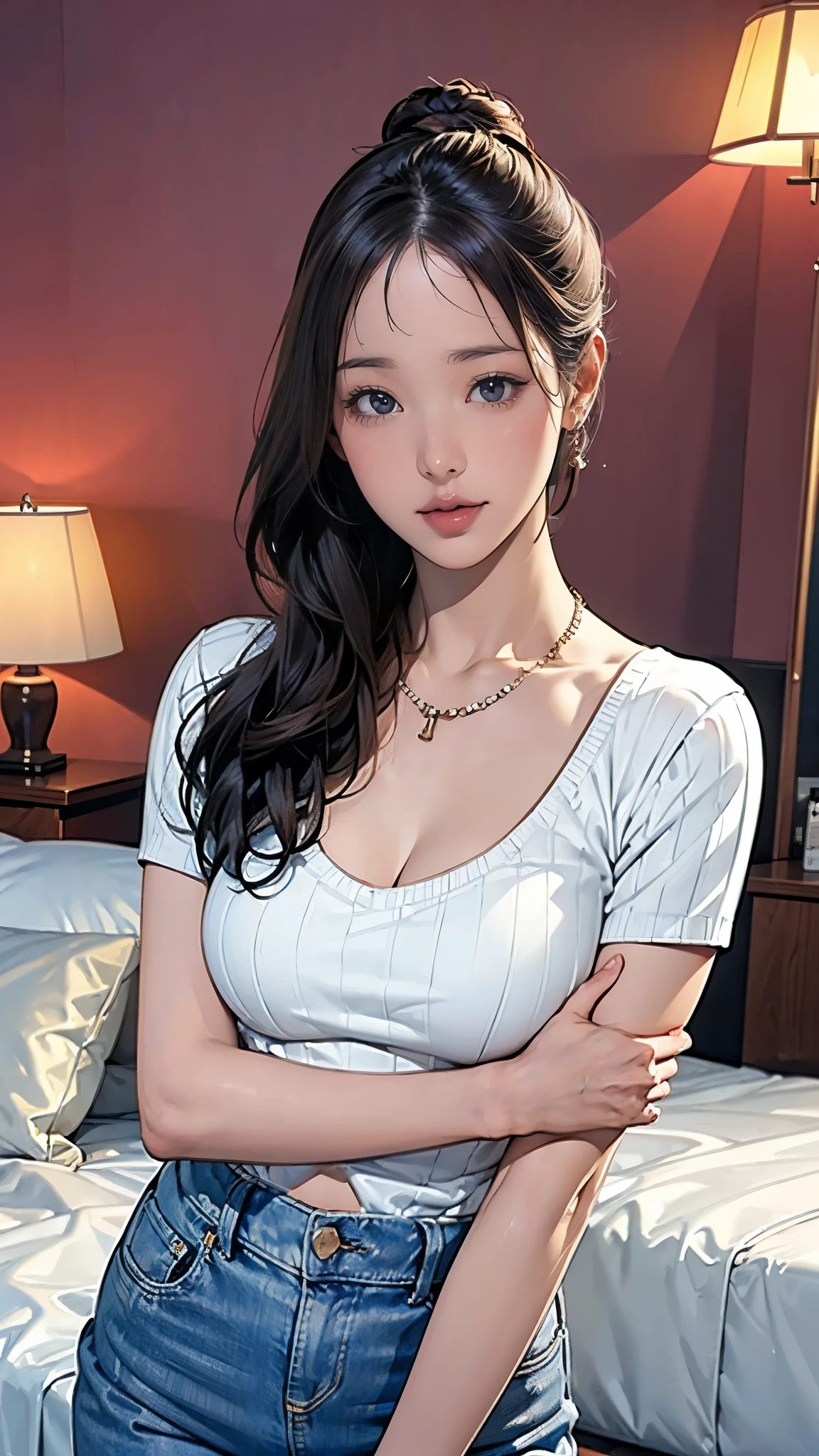 (masterpiece:1.2, highest quality), (Realistic, photoRealistic:1.4), Beautiful illustrations, (Natural Side Lighting, Cinema Lighting), Written boundary depth, Beautiful thighs staring at the viewer, (Face Focus, Upper Body), 1 female，20-year-old，alone，（With background：Hotel Rooms） , thin, slender, Long Hair, Curly Hair, One bun on top of the head, Forehead, thin, slender, Small , Cleavage, sweater, jeans, Earrings, necklace, Are standing