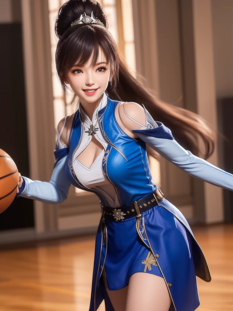 1 Girl, long hair, skirt,Hair accessories, city View, night, High Leg Raise, Boss,白skirt,Ponytail, Cowboy shooting, Long sleeve, belt,blue eyes,cosmetic,1 lady only, /(Basketball clothes/), Become a, /(Light brown hair/) Bangs, Friendly smile, (Masterpiece Best Quality:1.2) Exquisite illustrations with rich details, Big BreastsBREAK /(Civic Gymnasium/) indoors