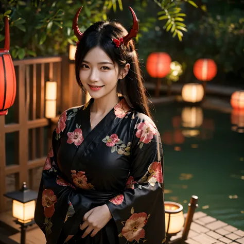 a woman mature wearing a black yukata with red details, with a red fur cape on her shoulders, red horns, big breasts, (perfect a...