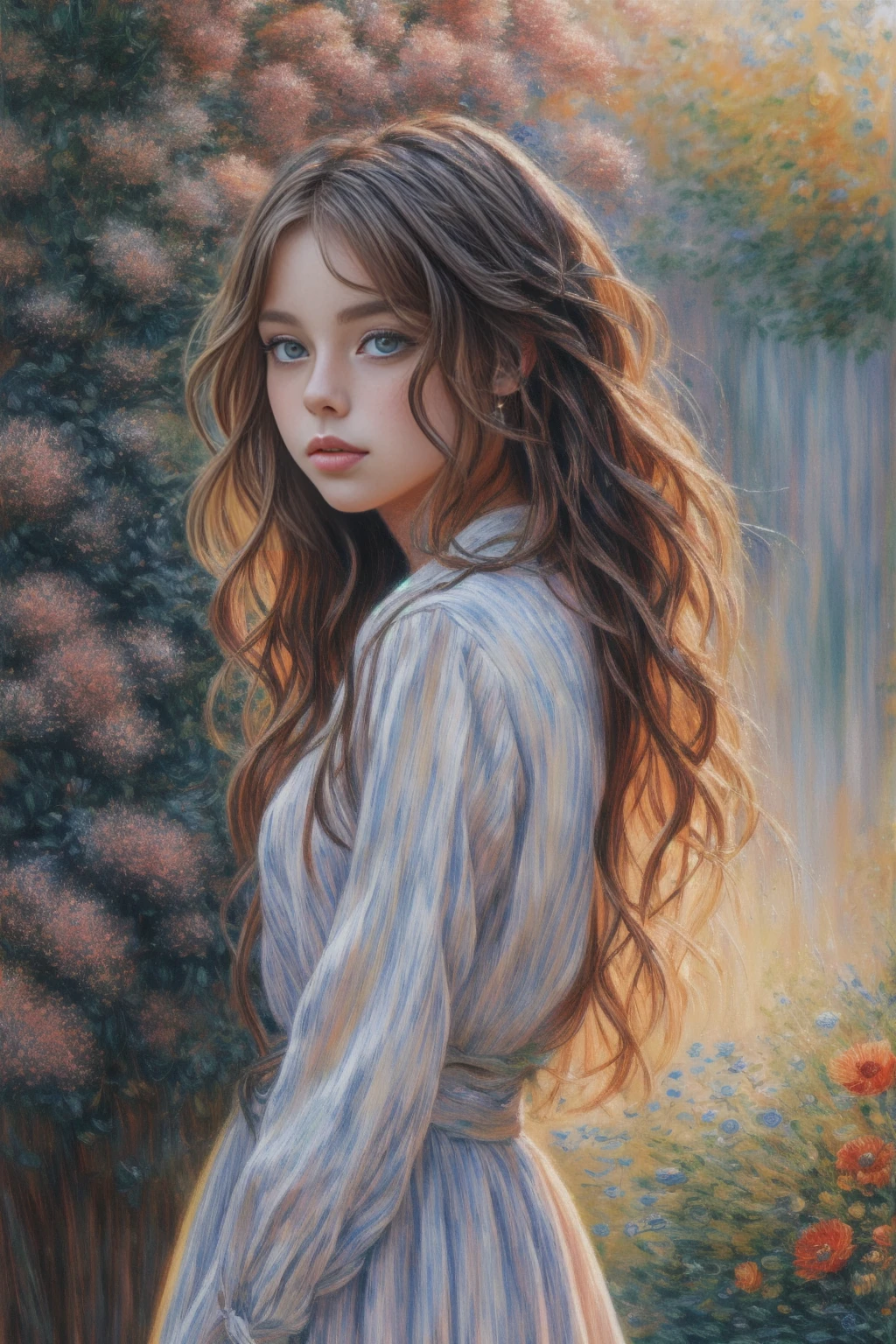 A girl in a garden, impressionistische Malerei, Schöne, detaillierte Augen, schöne detaillierte Lippen, extrem detaillierte Augen und Gesicht, lange Wimpern, fließendes Kleid, Lebendige Blumen, gesprenkeltes Sonnenlicht, beste Qualität, ultra-detailliert, Realistisch, Porträts, Im Monet-Stil, Pastellfarben, sanfte Beleuchtung.