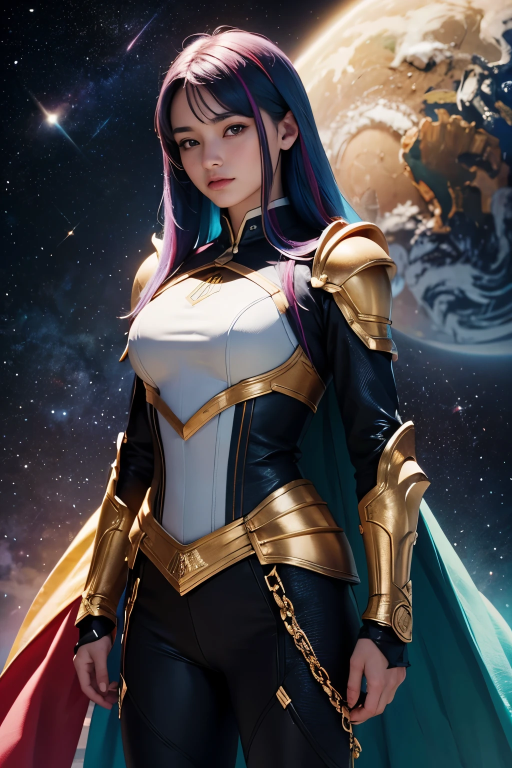 women with rainbow colored hair and teal detailed armor, standing, rainbow colorful cosmic nebula background, estrelas, galaxies, detalhes intrincados, rosto perfeito