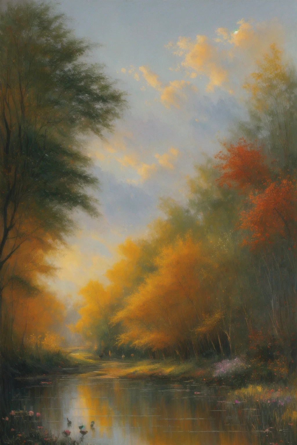 paintings,impressionism,landscapes,nature,scenery,beautiful gardens,colorful flowers,serene atmosphere,water lilies,sunlight reflections,soft brushstrokes,pastel colors,bright colors,lush vegetation,tranquil ponds,peaceful settings,harmonious composition,ethereal beauty,vibrant landscapes,dappled light,impressionist masterpieces,natural landscapes,impressionistic techniques,plein air painting,fleeting moments,transient effects,visual poetry,atmospheric perspective,serenity in nature,mood and emotion,evocative scenery,dreamlike scenes,brushwork,light and shadow,reflective surfaces,texture and depth,impressionist movement,artistic expression,visual storytelling,calm and peaceful ambiance.