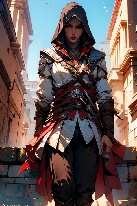 la mujer, стиль assassin's creed, ropa corta, poca ropa, botas hasta la rodilla, pulseras en las piernas, ciudad medieval al fon...