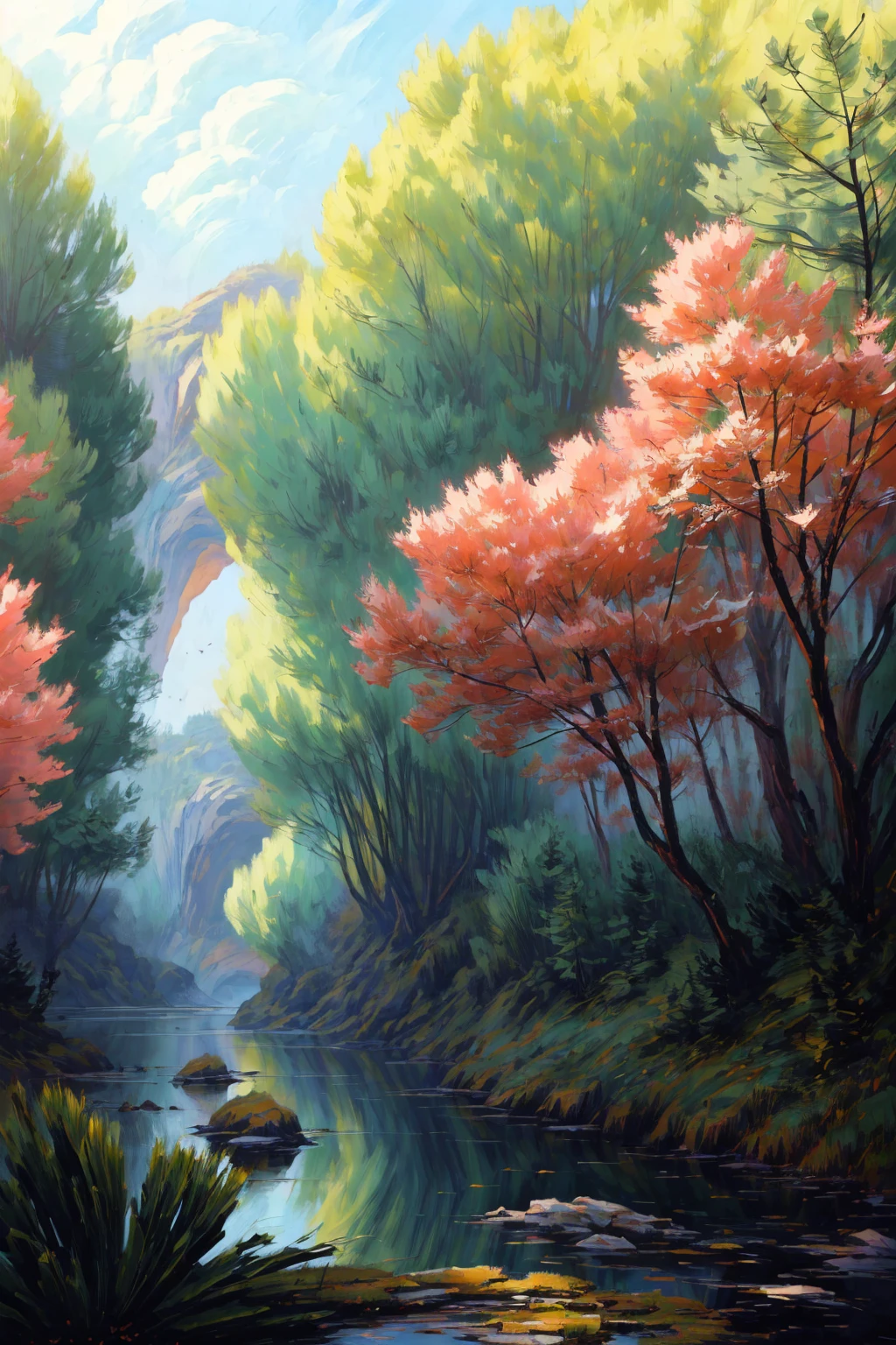 (best quality,4k,8k,highres,masterpiece:1.2),ultra-detailed,(realistic,photorealistic,photo-realistic:1.37),oil painting,colorful scenery,impressionistic,serene garden,natural beauty,lush greenery,rippling water,soft sunlight,subtle brushstrokes,ethereal atmosphere,reflection on water,harmonious composition,mesmerizing details,dream-like,tranquil setting,nature's tranquility,soft pastel colors,impressionistic landscape,painterly strokes,impression of light and movement,peaceful ambiance,serene and calm,delicate flora and fauna,picturesque scenery,painter's vision,quiet corner,nostalgic beauty,sunlit garden,pathway leading to infinity,verdant landscape,splashes of vibrant colors,playful interplay of light and shadow,graceful brushwork,blurring the boundaries between reality and dreams,inviting escape into nature's embrace