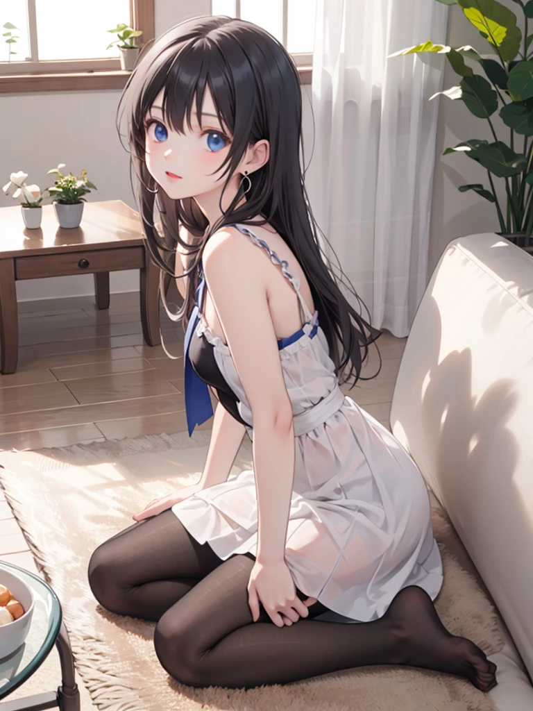 masterpiece, best quality, 1 girl, solo,4 years old, small breasts, Perfect Face, beautiful, nice, anime, girl, tradition, ph Bronya, , Earrings, medium length hair,  pantyhose, livingroom,
