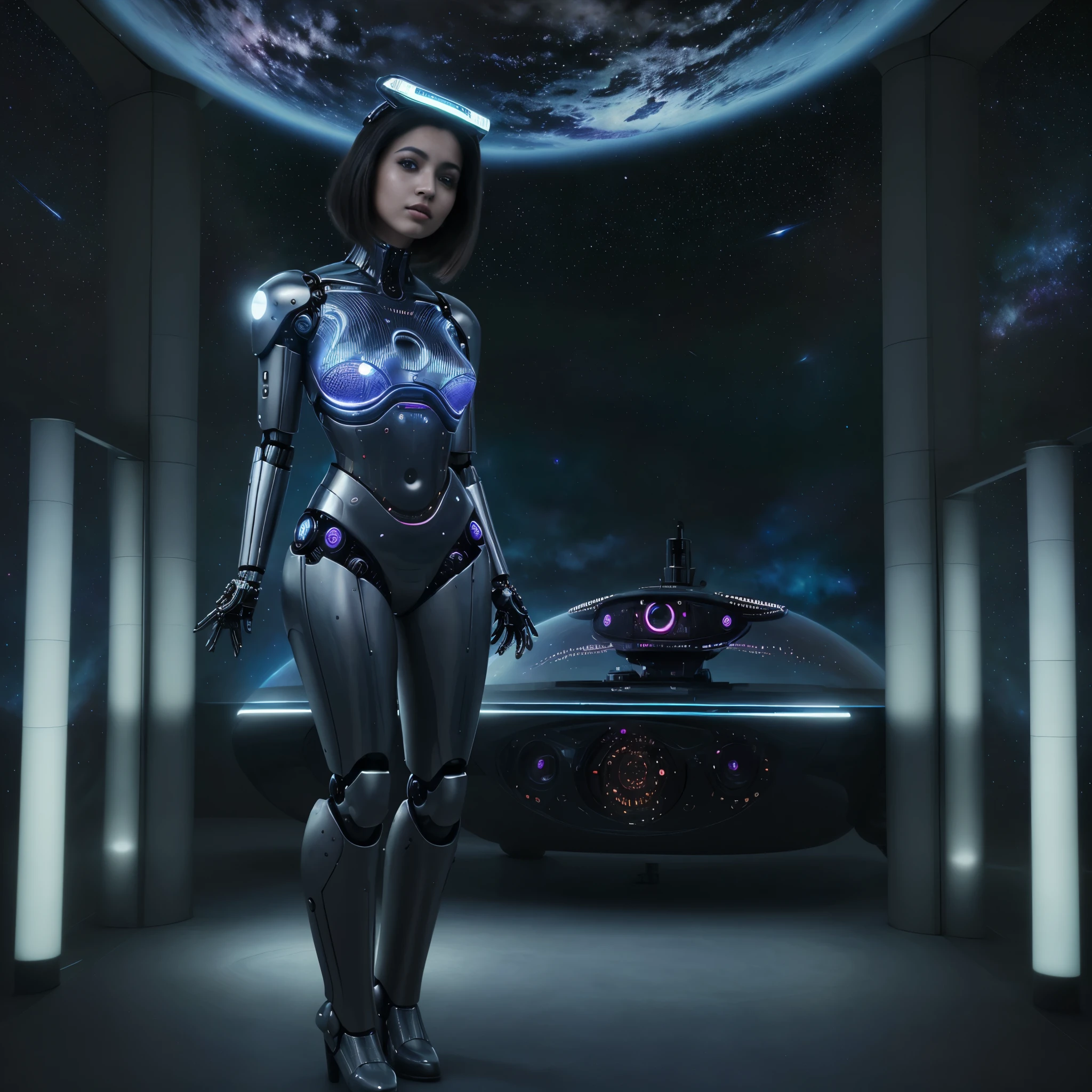Sexy girl posing with a gothic style among hieroglyphs where you can see a part of the cosmos while she looks like a futuristic robotic in 4k 