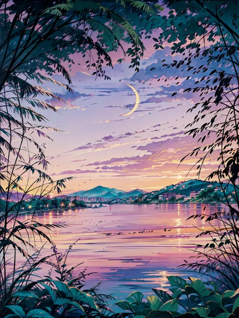 a painting of a crescent over a body of water, dream scenery art, melancholy pastel art, purple sunset, vaporwave sunset, serene...