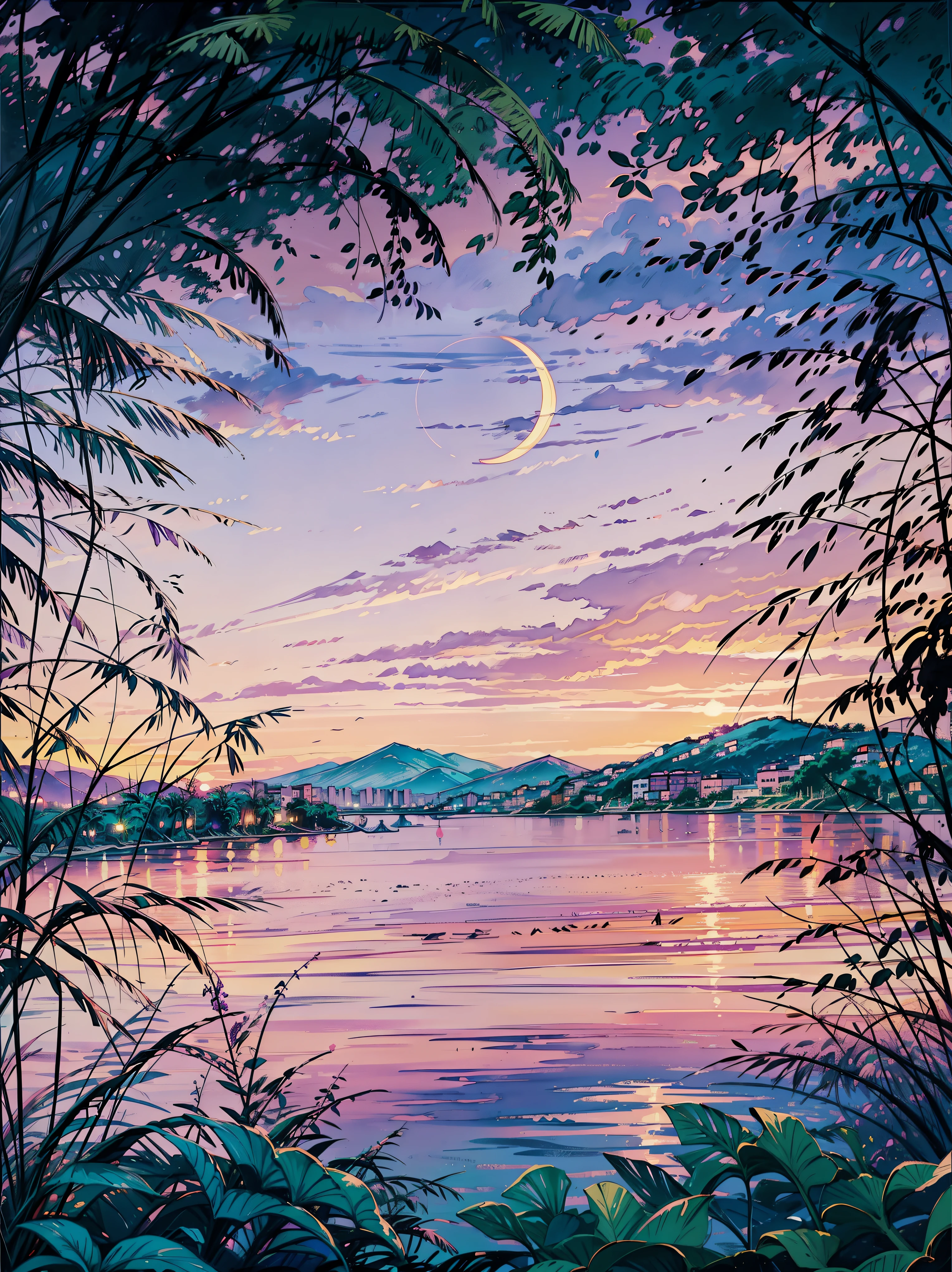 uma pintura de uma lua crescente sobre um corpo de água, arte de cenário de sonho, arte pastel melancólica, pôr do sol roxo, pôr do sol de ondas de vapor, cores serenas, at pôr do sol roxo, pintura de paisagem onírica atmosférica, pôr do sol pastel, pôr do sol rosa, Fundo do pôr do sol, cenário vibrante de pintura em guache, olhando para um oceano rosa, arte simples pastel, paisagem rosa, arte pastel, ilustração do pôr do sol