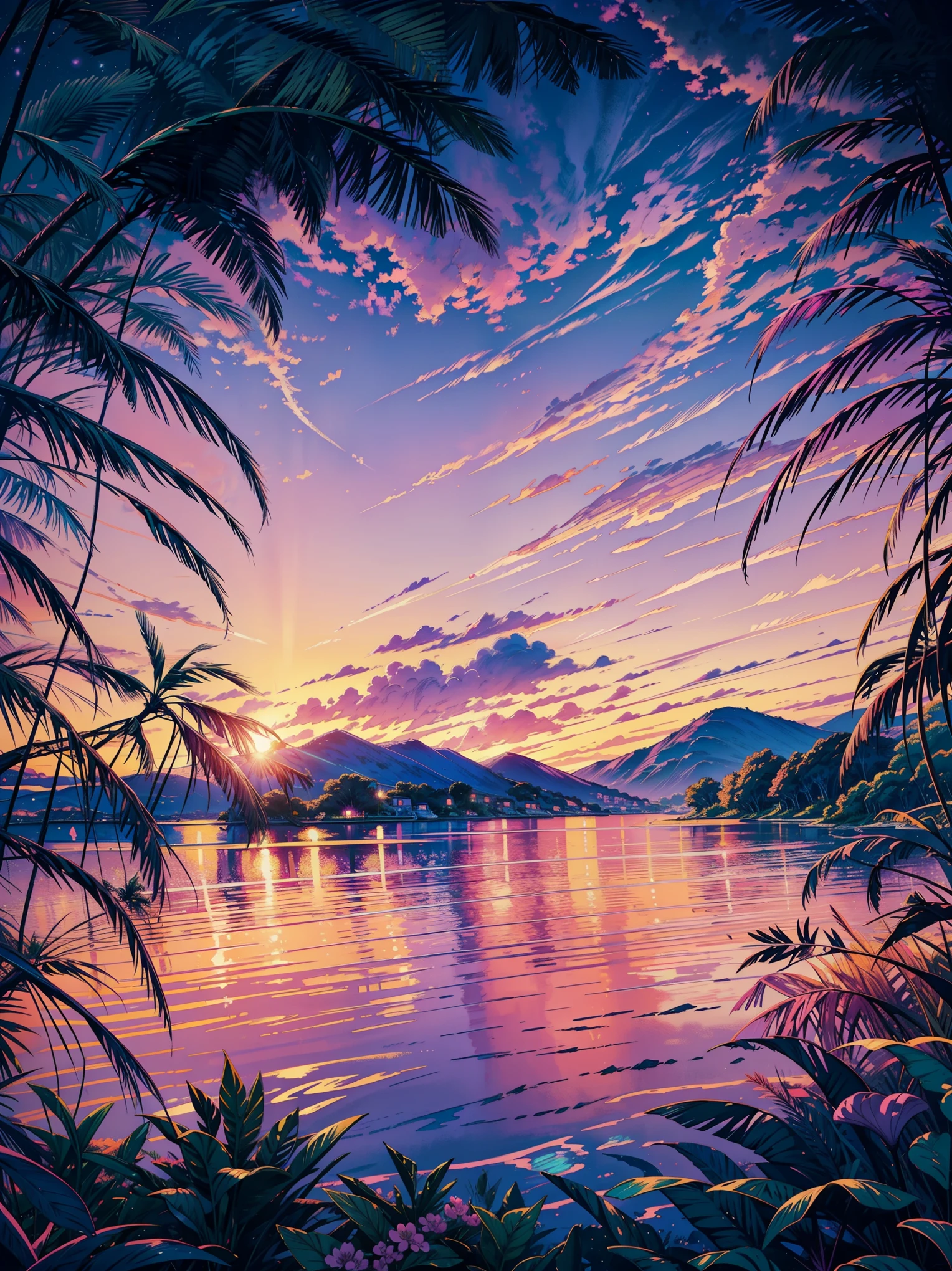 a painting of a crescent over a body of water, dream scenery art, melancholy pastel art, purple sunset, vaporwave sunset, serene colors, at purple sunset, atmospheric dreamscape painting, pastel sunset, pink sunset, sunset background, vibrant gouache painting scenery, looking out at a pink ocean, pastel simple art, pink landscape, pastel artwork, sunset illustration