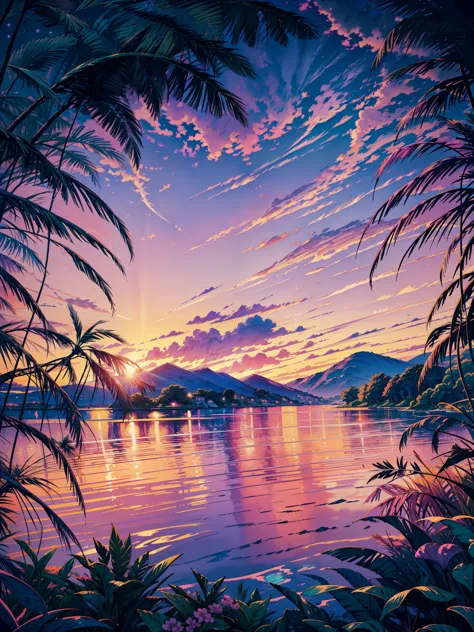 a painting of a crescent over a body of water, dream scenery art, melancholy pastel art, purple sunset, vaporwave sunset, serene...