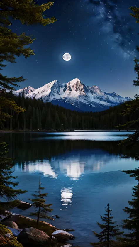 full moon night, mountain, lake, forest. moonlight,