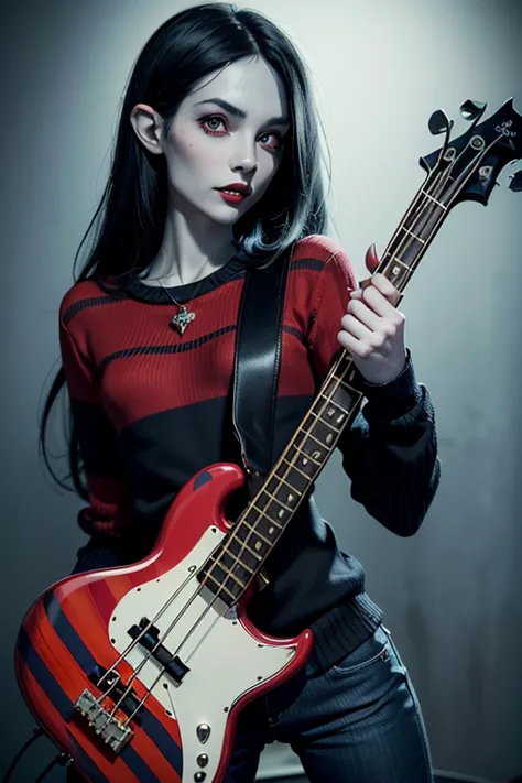 (masterpiece, ultra detailed) ((Marceline)), (adventure time character), ((black eyes)), (playing an axe bass), ((blue skin)), (...