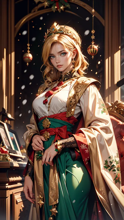 portrait of a beautiful empress, blonde hair, perfect blue eyes, wonderful, an incredibly impressive large christmas headpiece, ...