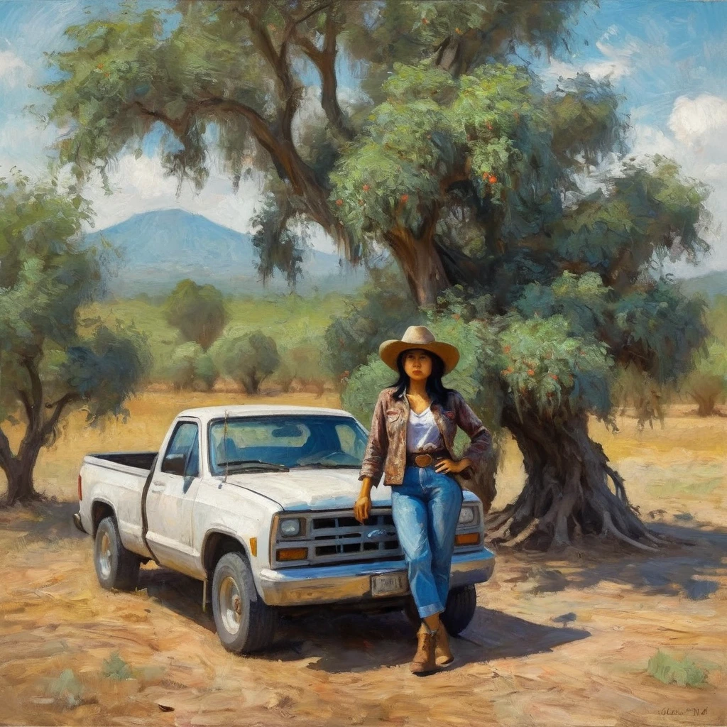 A Malaysian woman dressed like a cowgirl leans against her beaten up pickup truck stopped next t a jujube tree, Impressionist painting style of claude monet