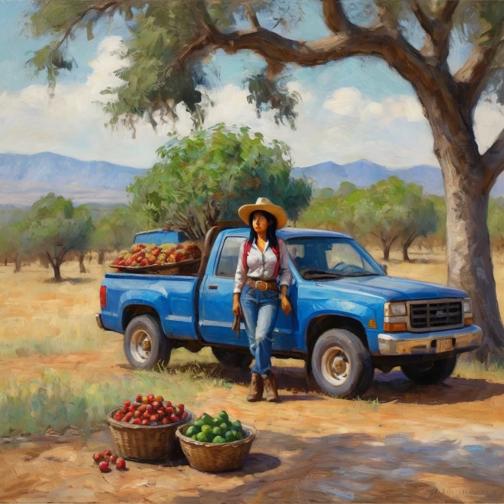 A Malaysian woman dressed like a cowgirl leans against her beaten up pickup truck stopped next t a jujube tree, Impressionist painting style of claude monet