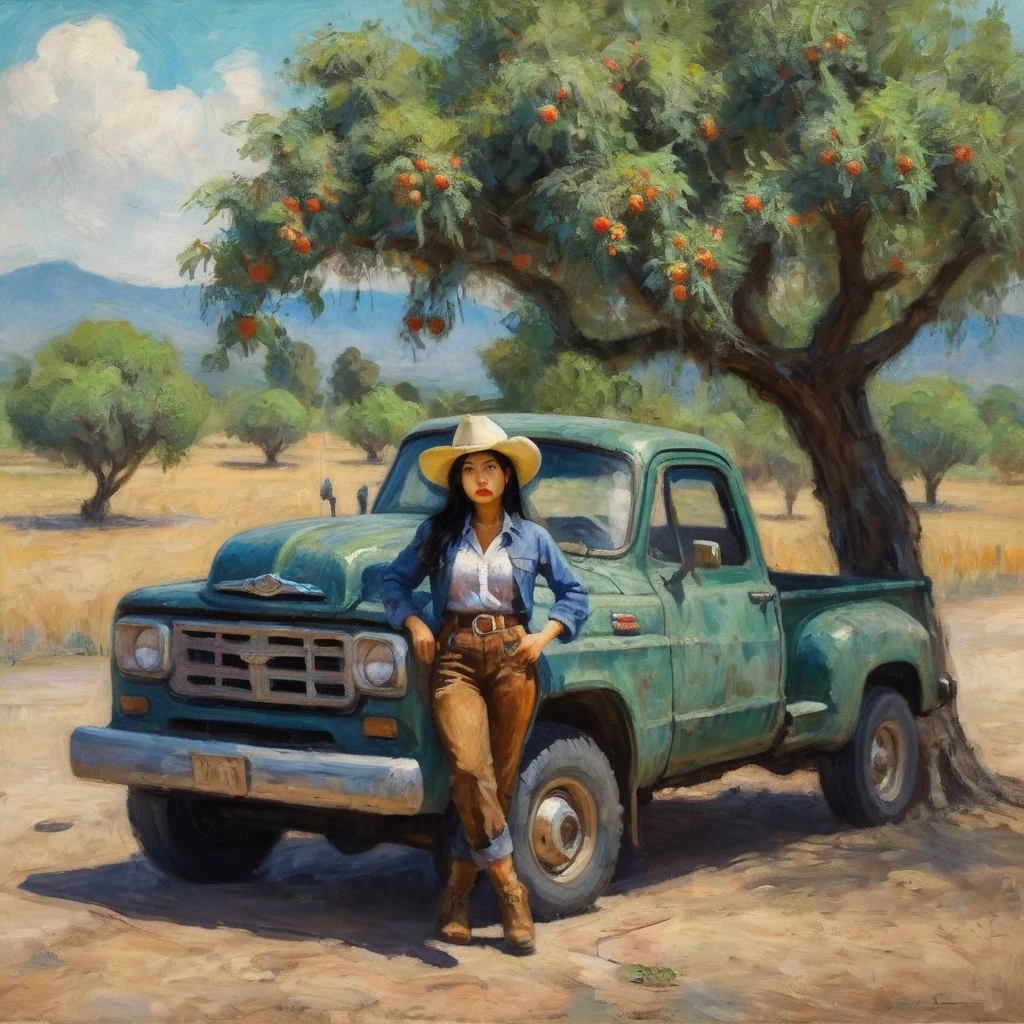 A Malaysian woman dressed like a cowgirl leans against her beaten up pickup truck stopped next t a jujube tree, Impressionist painting style of claude monet