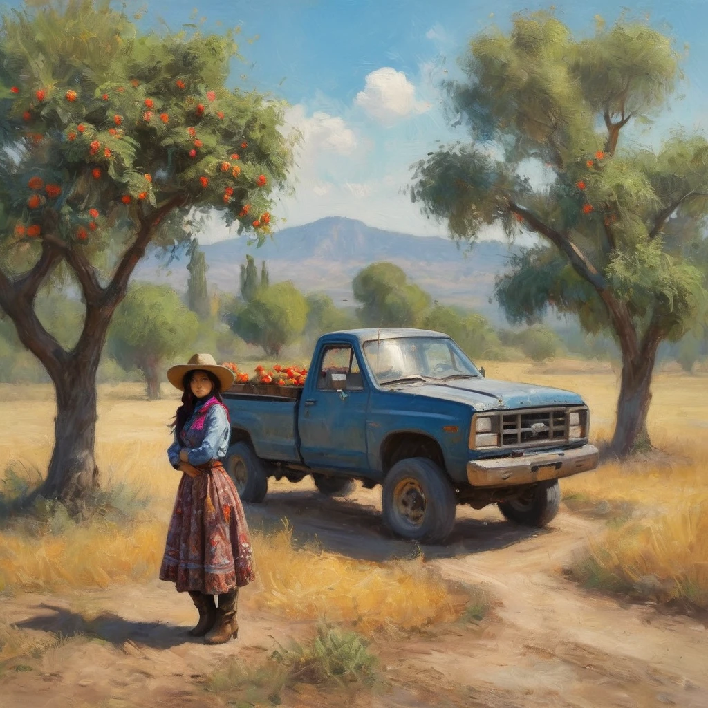 A Malaysian woman dressed like a cowgirl,leaning against her beaten up pickup truck stopped next to a jujube tree,impressionist painting style of claude monet,best quality,4k,8k,highres,masterpiece:1.2,ultra-detailed,realistic,photorealistic:1.37,traditional oil painting,floral pattern on her dress,wide-brimmed hat,leather boots,dusty road in the background,sunny and warm lighting,vivid colors,blurry background,soft brushstrokes with visible texture.