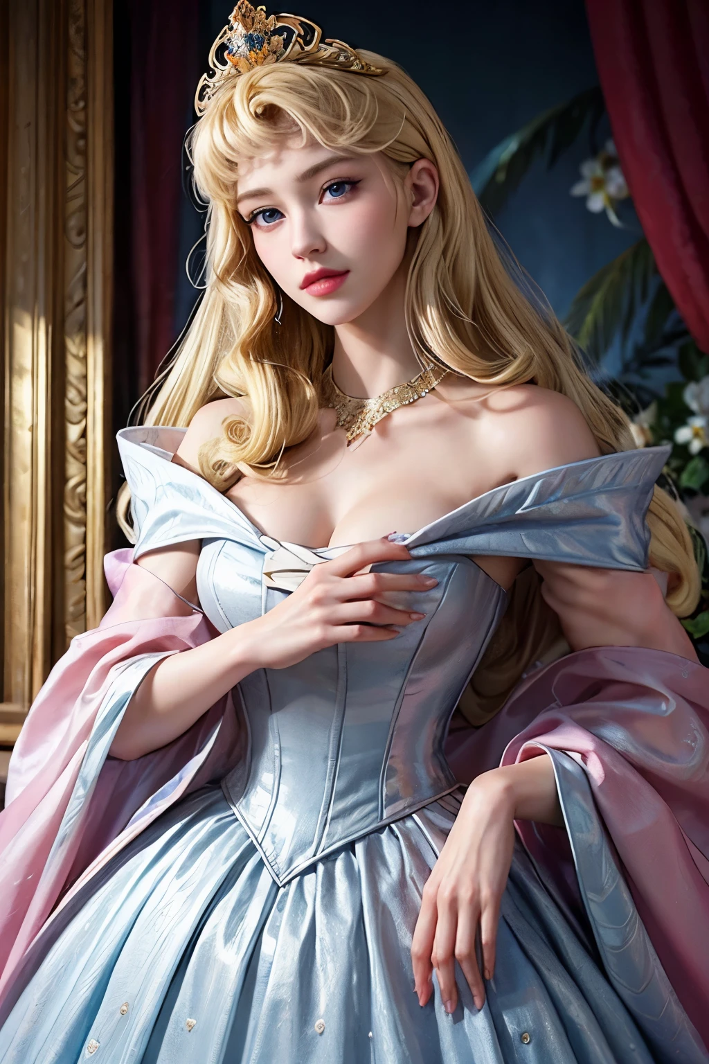 8k,Blond bushy haired adult woman,so beautiful(Like the real thing), strict, elegant, Pink Dress, The enchanting aristocrat, silver element, Long nails, Exposing shoulders, Hairstyle, Beautiful expression,Blue eyes, Messy, I am proud, absurdes, Elegant dress, Royalty, celebration, Hall decorated with flowers, Cowboy Shot, Portraiture, (highest quality), (Tabletop), (Very detailed), masterpiece,Highest quality photorealistic RAW photos。Backlight, Cinema Lighting, Film Grain, to be born, 50mm lens, Nikon D850,Ultra-Realistic Skin,Fantasy art,Character Art,Ultra-high resolution,A muscular and slender macho man,Perfect hands,compensate,