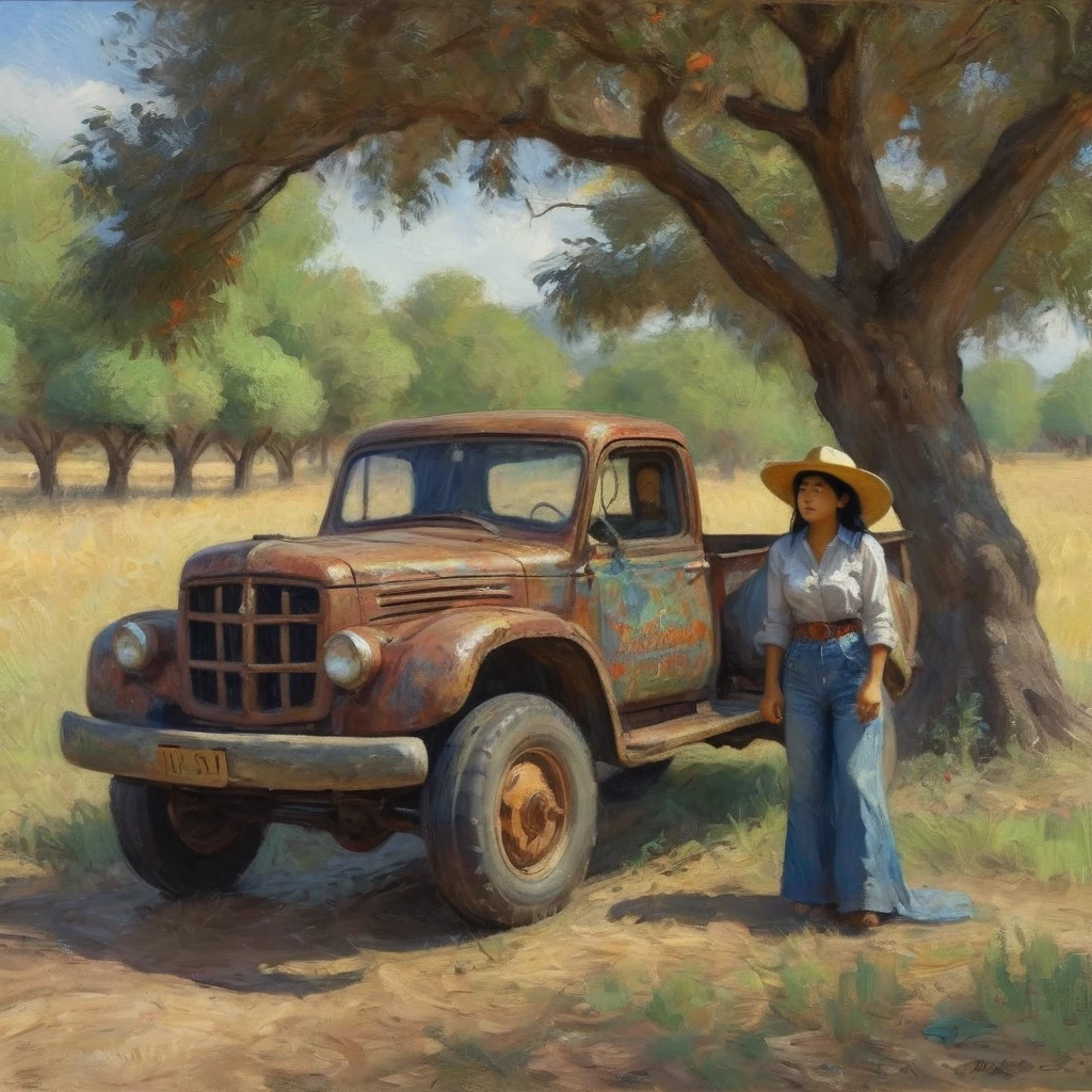 (a Malaysian woman,a cowgirl,a beaten-up pickup truck,a jujube tree,impressionist painting style,Claude Monet),(best quality,4k,8k,highres,masterpiece:1.2),ultra-detailed,(realistic,photorealistic,photo-realistic:1.37),colorful palette,soft lighting