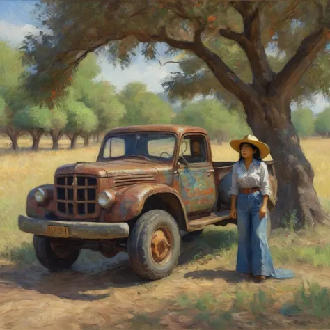 (a malaysian woman,a cowgirl,a beaten-up pickup truck,a jujube tree,impressionist painting style,claude monet),(best quality,4k,...