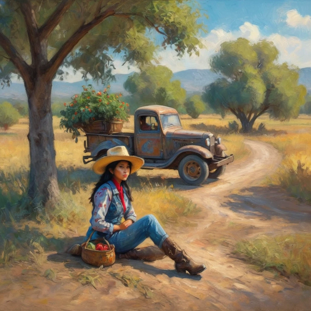 A Malaysian woman dressed like a cowgirl,leaning against her beaten up pickup truck stopped next to a jujube tree,impressionist painting style of claude monet,best quality,4k,8k,highres,masterpiece:1.2,ultra-detailed,realistic,photorealistic:1.37,traditional oil painting,floral pattern on her dress,wide-brimmed hat,leather boots,dusty road in the background,sunny and warm lighting,vivid colors,blurry background,soft brushstrokes with visible texture.
