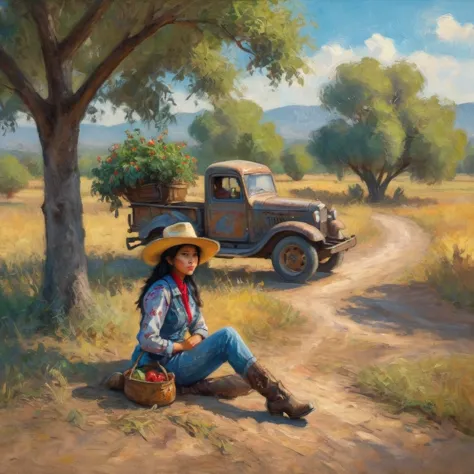 a malaysian woman dressed like a cowgirl,leaning against her beaten up pickup truck stopped next to a jujube tree,impressionist ...