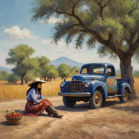 a malaysian woman dressed like a cowgirl,leaning against her beaten up pickup truck stopped next to a jujube tree,impressionist ...