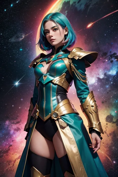 women with rainbow colored hair and teal detailed armor, standing, rainbow colorful cosmic nebula background, estrelas, galaxies...