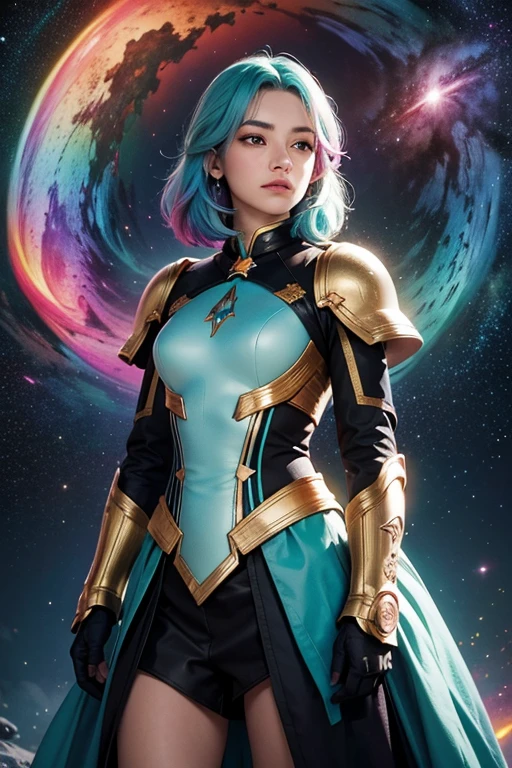 women with rainbow colored hair and teal detailed armor, standing, rainbow colorful cosmic nebula background, estrelas, galaxies, detalhes intrincados, rosto perfeito