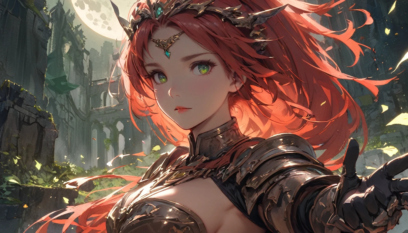 (masterpiece), (best quality:1.4), (perfect anatomy:1.4), high quality, expressive eyes, portrait, detailed face, beautiful face, perfect face, {1 girl}, in her armored knight form, standing amidst the ancient ruins of a faerie stronghold. The ruins are overgrown with twisting vines and moss-covered stones, giving the impression of a forgotten kingdom reclaimed by nature. Rhode stands tall and resolute, clad in her magical armor styled after the Eurasian lynx, with her hazel eyes gleaming with determination. Her fiery red hair cascades in loose waves down her back, contrasting with the muted colors of her surroundings. In one hand, she holds her enchanted Fae blade, its blade shimmering with otherworldly energy. In the other hand, she holds a sprig of wildflowers, symbolizing her connection to the natural world and her role as a protector of the faerie realm. Behind her, the silhouette of a full moon rises in the night sky, casting an ethereal glow over the scene and hinting at the mystical powers that lie dormant within Rhode. As she surveys the ruins with a mix of solemnity and resolve, Rhode's presence exudes strength, grace, and a timeless sense of duty to her people and her homeland.