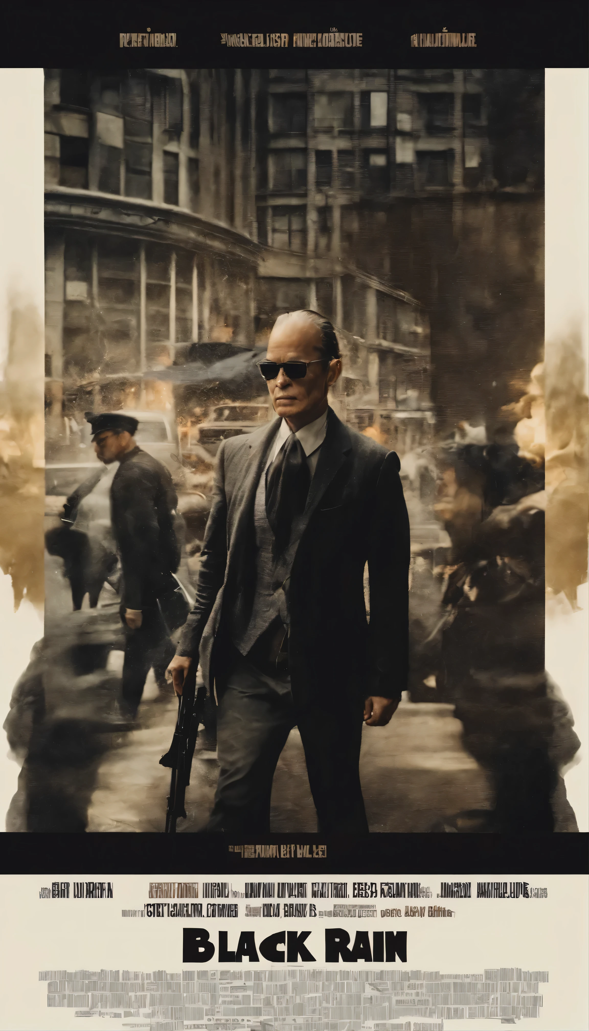 High-definition cinematic scenes that are different from gripping movies、『Black Rain』The fascinating actor、Yusaku Matsuda looks elegant in a black suit and sunglasses.。He is skillfully positioned on his Harley Davidson motorcycle.、I&#39;m holding the gun tightly in both hands.。The footage is、born々exudes a new intensity and authenticity、It embodies the quality and realism that characterize exceptional cinema.。High-definition images that convey a sense of tension